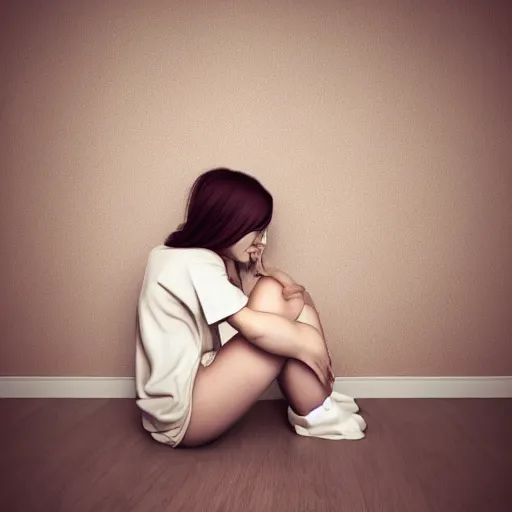 Prompt: a pretty young woman who is very depressed and feeling hopeless sitting in the corner of her room waiting for The End. fractal lighting. machine shadowing. happy image of a mentally unwell young woman. 'happy birthday depressed young woman, hahaha!', worthless soul sitting in the corner of her room. an amazing 3D render using Daz3D by Titian and J. M. W. Turner and Amedeo Modigliani in collaboration. ultra detail. ultra shadowing. ultra graphics. ray tracing graphics. supreme colors. ultra image. perfect lighting. perfect pose. uplifting image. hopeful image.