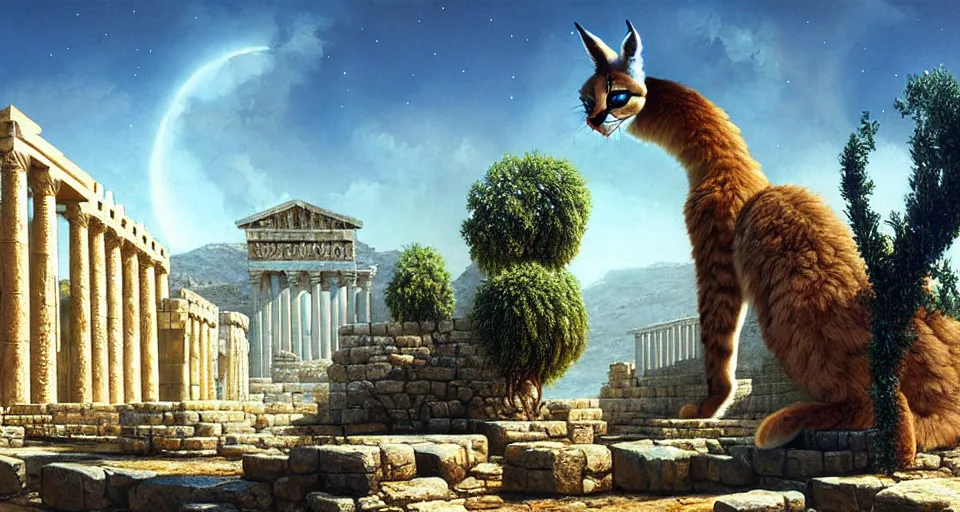 Image similar to pixar cute fluffy caracal in laurel wreath in a ancient greek town, marble temple, olive trees, sunny chris foss, john harris,, wayne barlowe