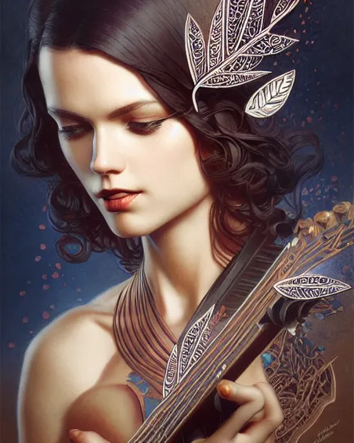 Image similar to Beautiful and playful rock guitarist portrait, art deco, fantasy, intricate art deco leaf designs, elegant, highly detailed, sharp focus, art by Artgerm and Greg Rutkowski and WLOP