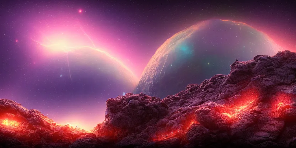 Prompt: strange rocky alien planet at dusk, glowing fireflies, nacreous clouds, nebula, ray tracing, refractive, hdr, award winning, trending on artstation, digital art. highly detailed 8 k. intricate. lifelike. soft light. nikon d 8 5 0.