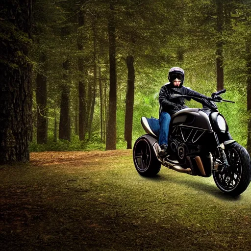 Prompt: portrait of a single ducati diavel in a vast forest landscape in the style of thomas cole, cinematic lighting, raytracing, 8 k, octane render, volumetric, vivid, beautiful, hyperrealism