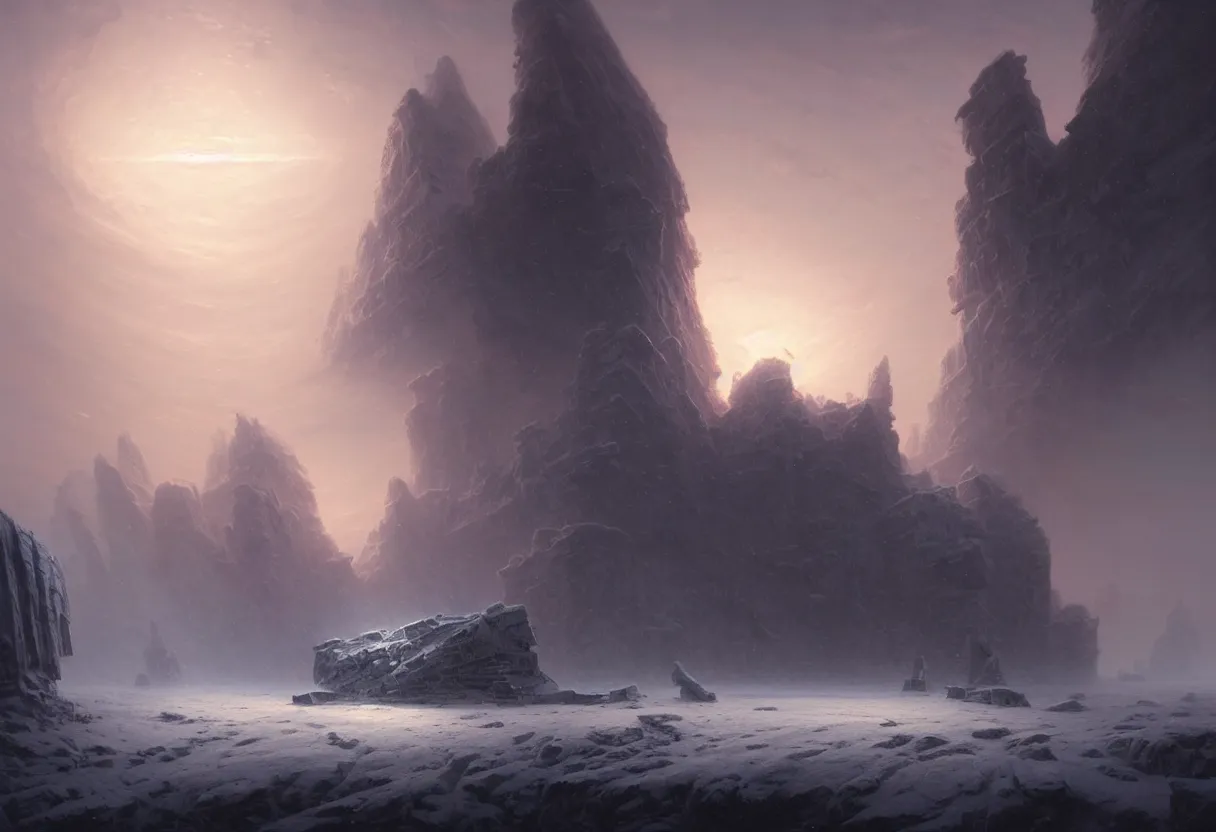 Image similar to strange surface of another frozen winter planet at sunset ruins of ancient civilization at sea, ultra high definition, ultra detailed, symmetry, fog, matte painting, by greg rutkowski and ross tran and wlop