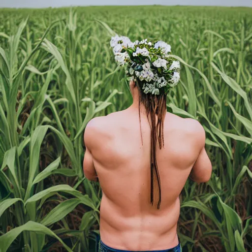 Prompt: revolog volvox photograph of a skinny blonde guy standing in a cornfield, flower crown, back view, grain, moody lighting, telephoto, 9 0 s vibe, blurry background, vaporwave colors!, faded!,