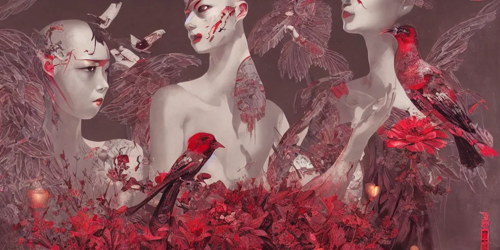 Image similar to breathtaking detailed red gardian mao dictature cyberpunk death heall concept art painting art deco pattern of birds goddesses amalmation flowers, by hsiao ron cheng, tetsuya ichida, bizarre compositions, exquisite detail, extremely moody lighting, 8 k, art nouveau, old chines painting