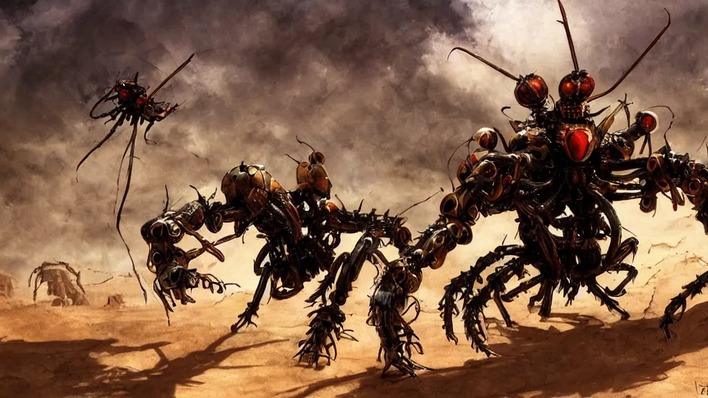 Image similar to a hornet demon fights a giant mechanical spider in a crazy desert, Simon Bisley, james gurney, artstation