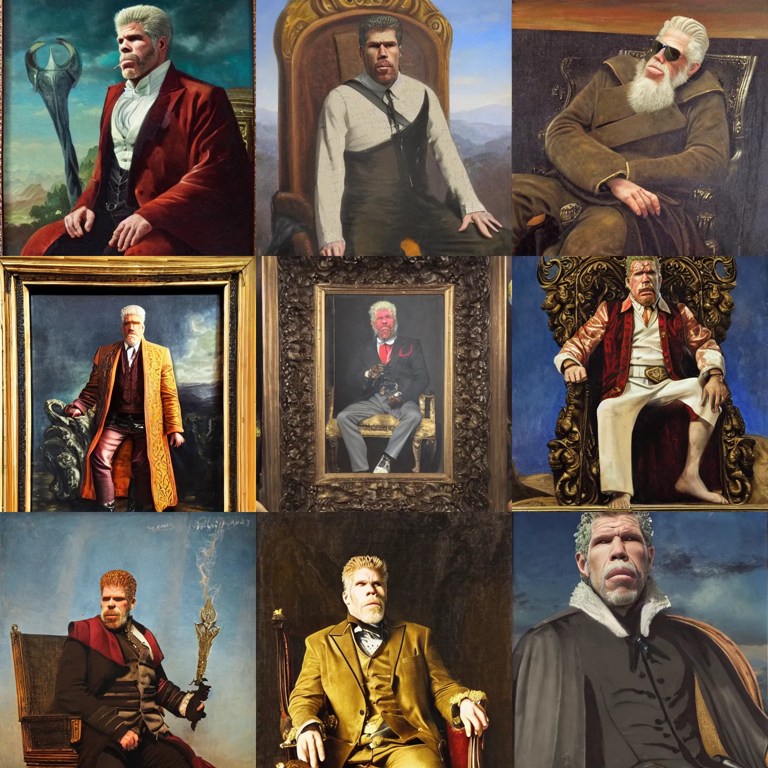 Prompt: Ron Perlman, king of Transylvania, on his stone throne, 19th century painting