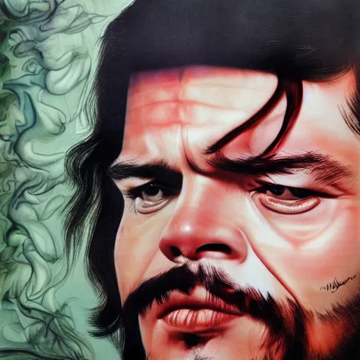 Image similar to colour masterpiece surreal closeup portrait photography of che guevara by miho hirano and annie leibovitz and michael cheval, psychedelic smoke background, 8 k