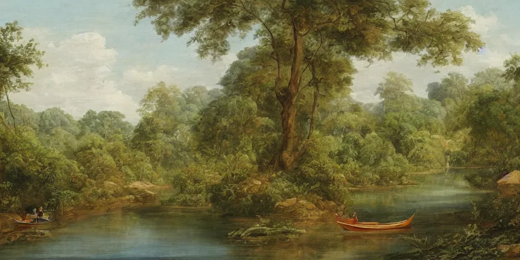 Prompt: painting of a river in the jungle with a small boat in the distance