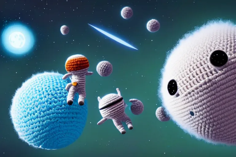 Image similar to an expedition of crochet astronauts discovering a new fluffy planet made out of yarn. cute, illustration, digital art, inspired by little big planet, by greg rutkowski, detailed, sharp, masterpiece, highly detailed, photorealistic, octane render, 8 k, unreal engine 5, trending on artstation