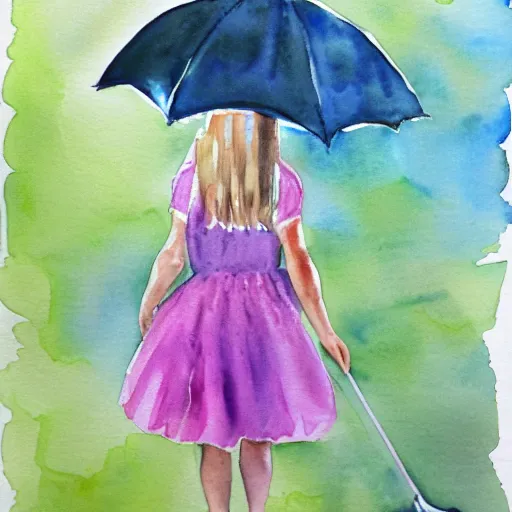 Prompt: girl holding brocoli umbrella watercolor printing