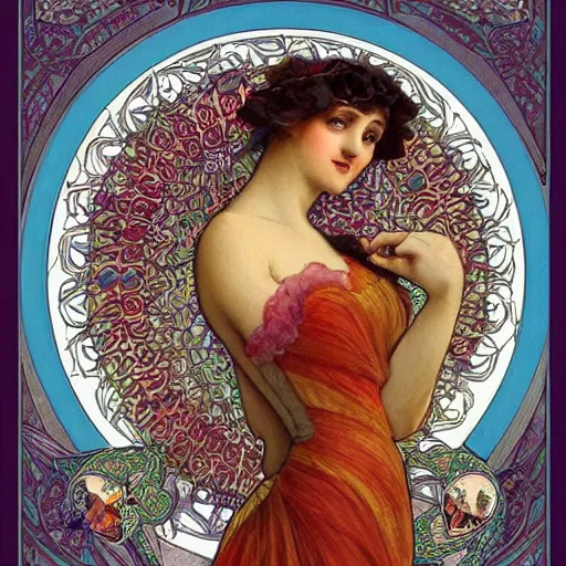 Image similar to alexander Lukashenko in beautiful dress. mucha style. epic composition. highly detailed.