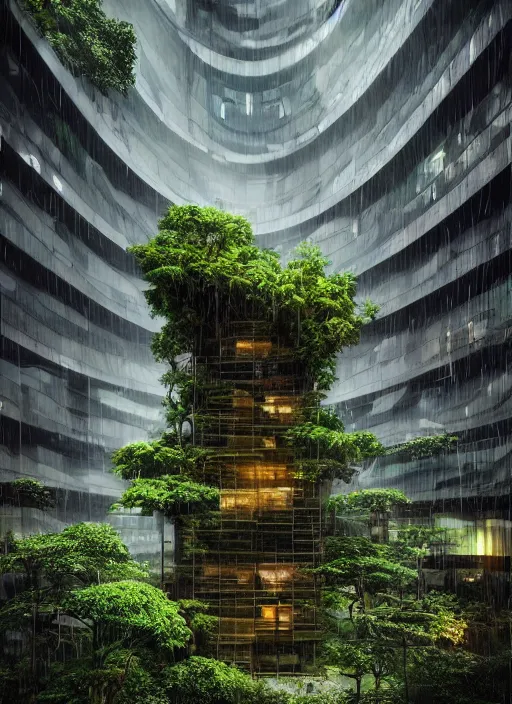 Prompt: “thunderstorm Amazon forest architecture building , the building is in a rainy forest , luxury architecture, architecture digest, building surrounded by dark clouds , mellow tones, fluorescent lighting,volumetric Lighting, photorealism, high detail, golden ratio, cinematic, octane renderer”