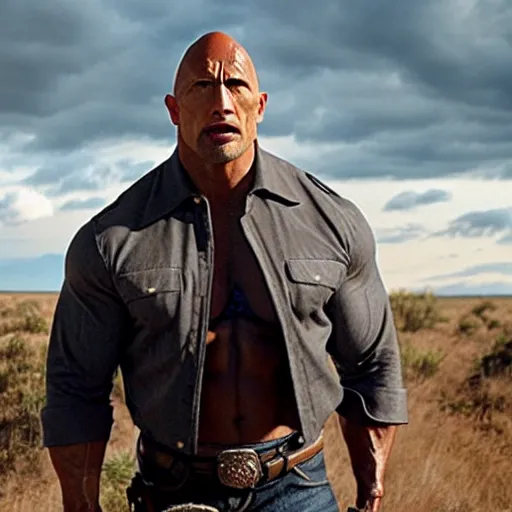 Prompt: film still , Dwayne Johnson as cowboy