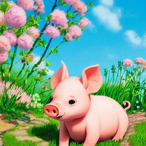 Image similar to cute and adorable piglet resting on a beautiful garden by makoto shinkai, miniature pig, pastel color tones!! studio ghibli, hayao miyazaki, takashi takeuchi, akihiko yoshida, funimation, key anime visual, anime poster, 8 k, highly detailed, rendered, concept art, trending on artstation, pixiv daily ranking