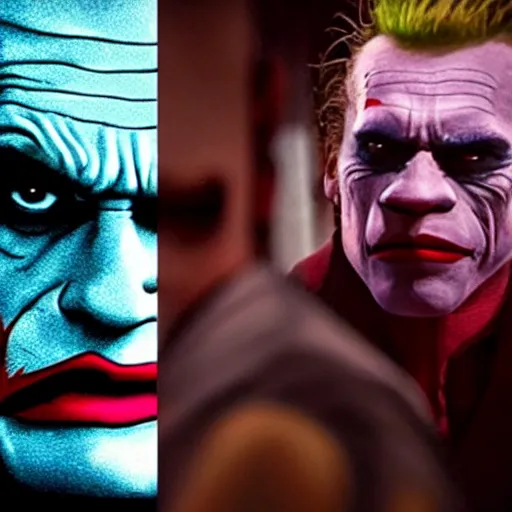 Image similar to awe inspiring Arnold Schwarzenegger playing The Joker 8k HDR movie still amazing lighting