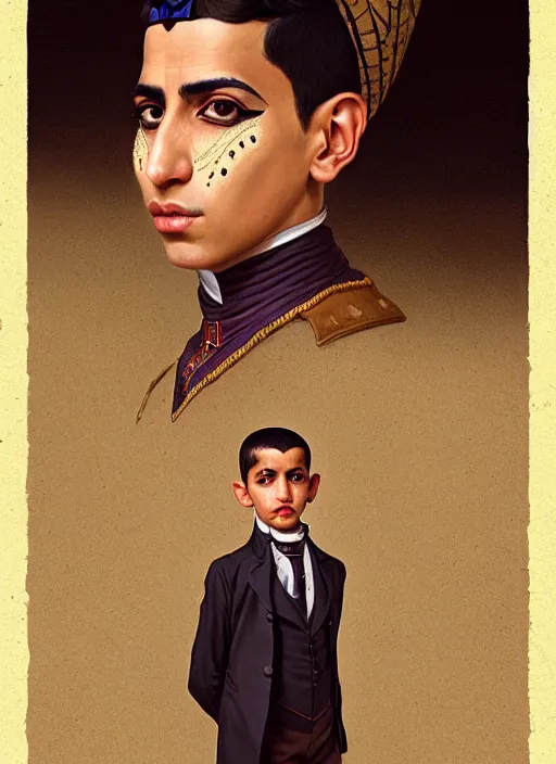 Image similar to a portrait of an egyptian boy with a crooked nose in victorian clothing, confident pose, intricate, elegant, sharp focus, illustration, highly detailed, concept art, matte, trending on artstation, anime, art by james jean and artgerm and brian despain and alberto mielgo, greg rutkowski, wlop, ilya kuvshinov, strong strokes