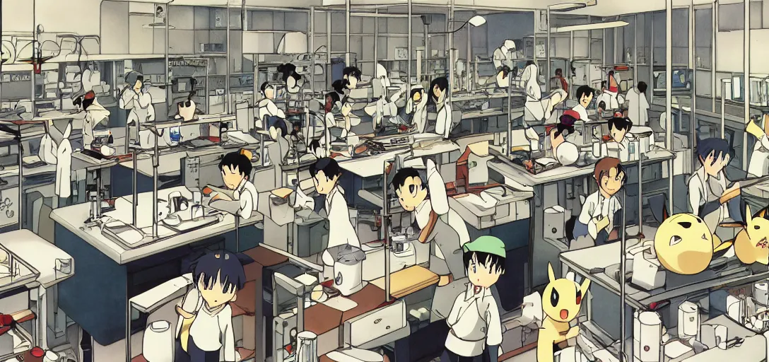 Image similar to A dimly lit laboratory with machines that clone Pokémon, art by Hayao Miyazaki, art by Studio Ghibli, anime style