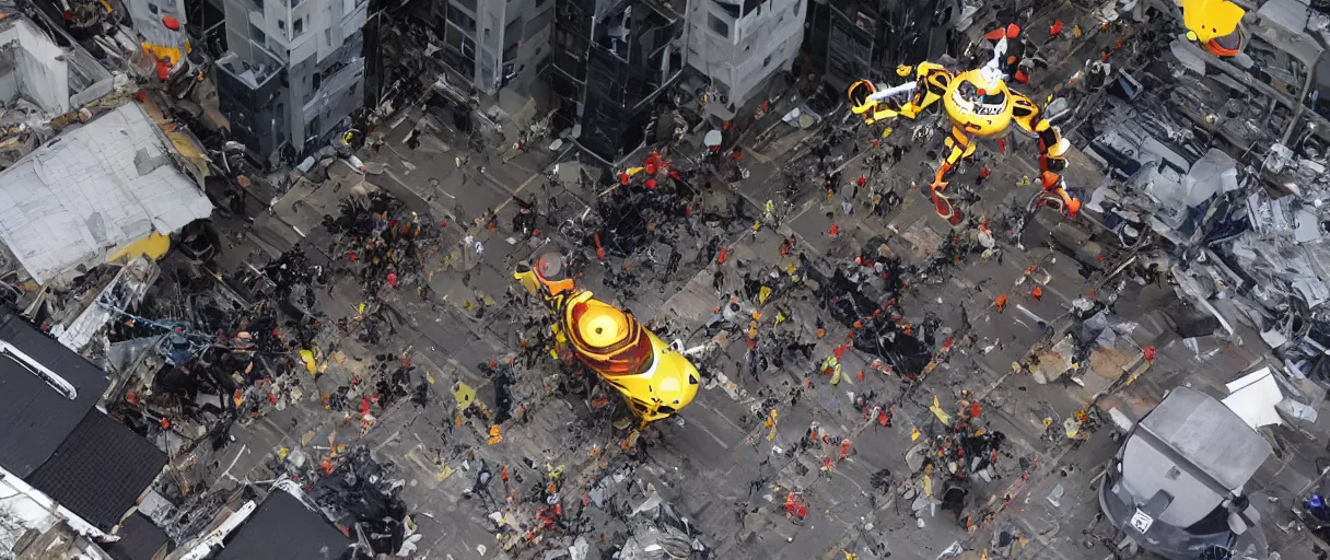 Prompt: rescue robot, disaster in the city, night, shinji aramaki