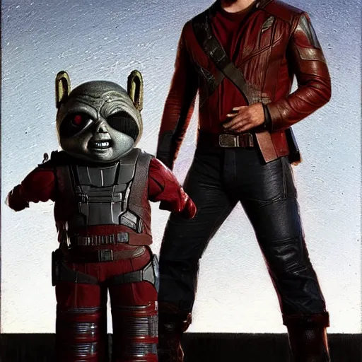 Image similar to the actor chris pratt as star lord posing together with the doll chucky from the movie child's play, inside a starship, oil painting, by greg rutkowski