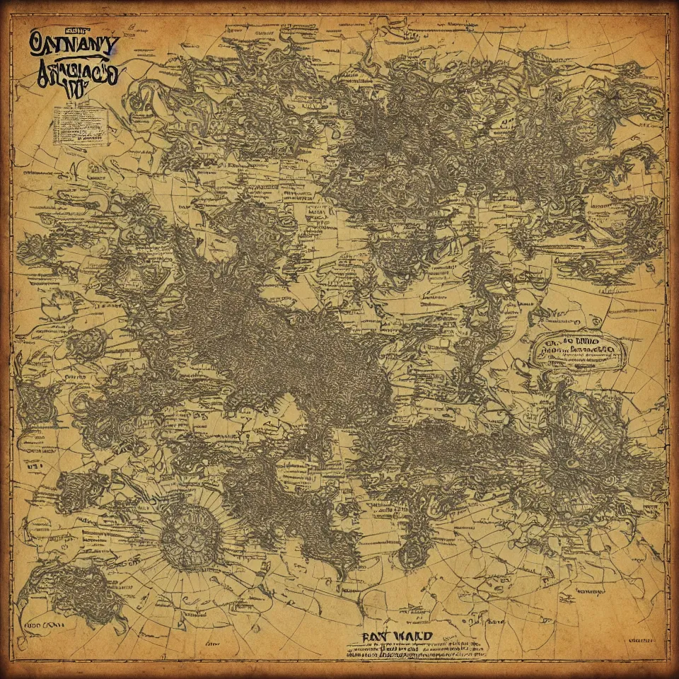 Prompt: imaginary map, map of fantacy world, different realms, blueprint, infographic, vintage theme, on paper, with notes, highly detailed, hyper realistic