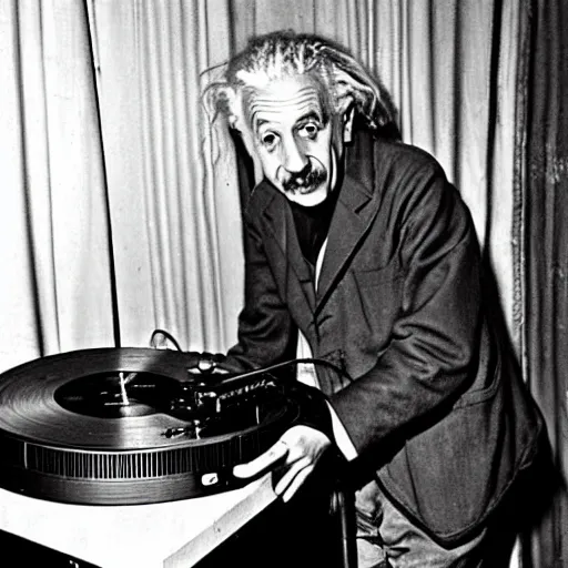 Prompt: color photograph of Albert Einstein DJing a record player at a nightclub, color photograph