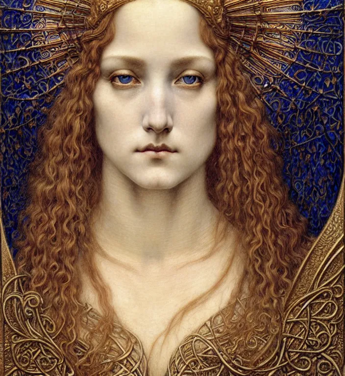 Image similar to detailed realistic beautiful young medieval queen face portrait by jean delville, gustave dore and marco mazzoni, art nouveau, symbolist, visionary, gothic, pre - raphaelite. horizontal symmetry