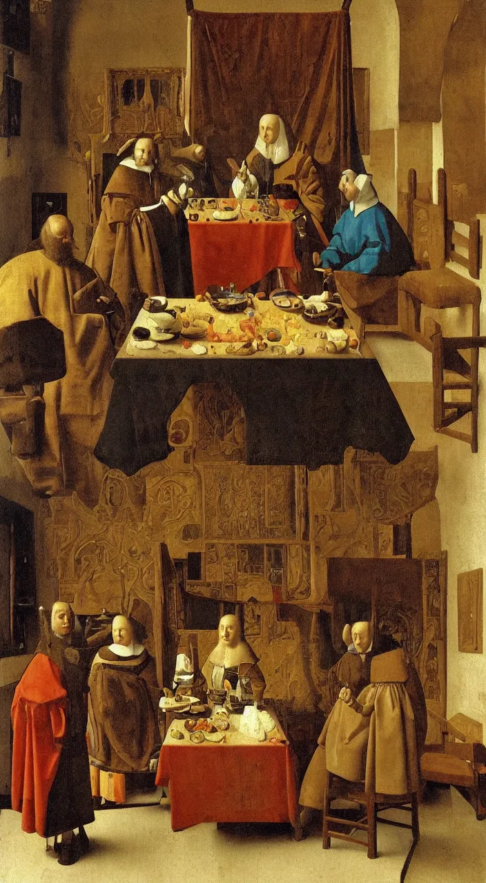 Image similar to Noble lunch. They dined in a large, richly furnished room. There were a lot of food on the table. Medieval painting by Jan van Eyck, Johannes Vermeer, Florence,