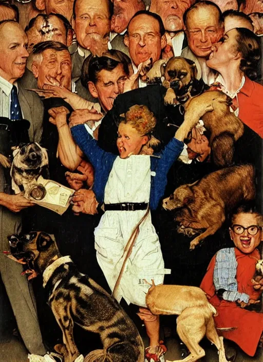 Image similar to a norman rockwell painting of an exploding dog