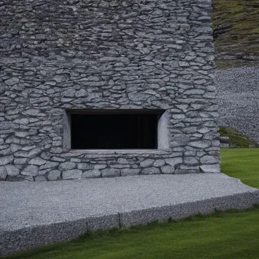 Prompt: scottish dark stone blackhouse designed by le corbusier. fujinon premista 1 9, 4 5 mm