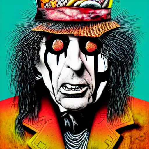 Image similar to graphic illustration, creative design, alice cooper, biopunk, francis bacon, highly detailed, hunter s thompson, mixed media