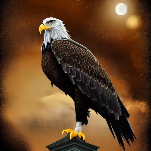 Image similar to A extremely realistic eagle with high detail night vision goggles, standing on a big church, sharp claws, full body, cloudy, midnight, smoke, ultra high detail digital art, trending on Artstation