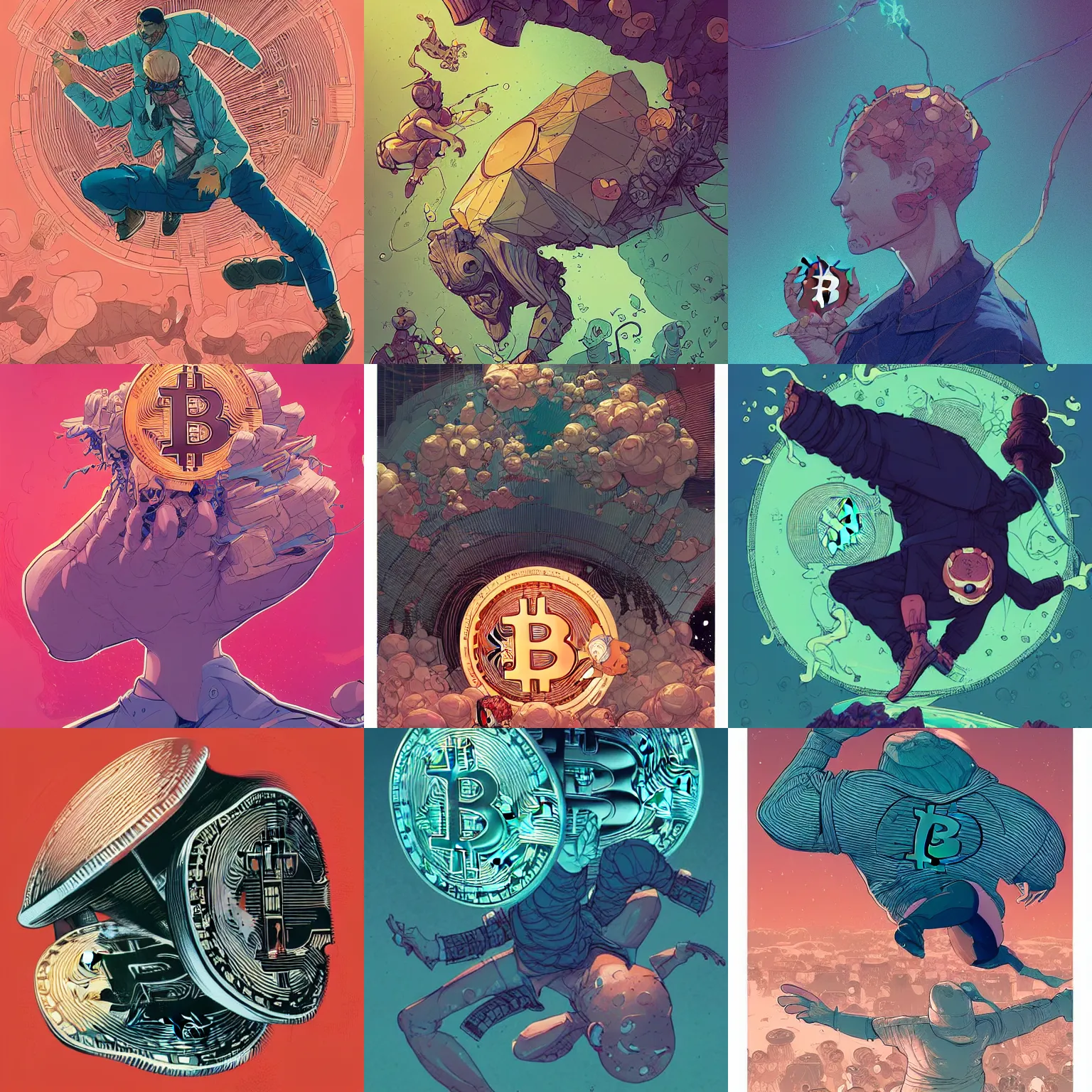 Prompt: cell shaded bitcoin headspin brekdance, llustration, concept art by josan gonzales and wlop, by james jean, victo ngai, david rubin, mike mignola, laurie greasley, highly detailed, sharp focus, logo trending on artstation, hq, deviantart, art by artgem