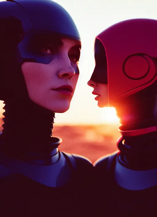 Image similar to cinestill 5 0 d 3 5 mm f / 3 2 photographic portrait of two loving female androids wearing rugged black mesh techwear on a desolate plain with a red sky, extreme closeup, modern cyberpunk, dust storm, 8 k, hd, high resolution, ultra realistic faces, ex machina, blade runner