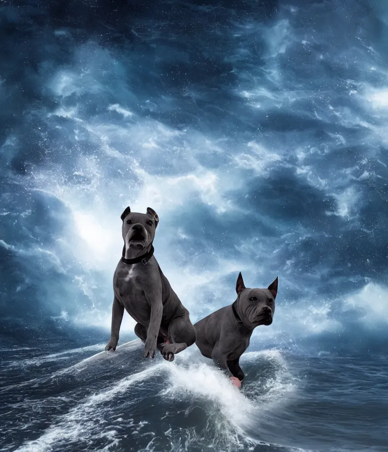 Image similar to photo of a dark gray coat pit bull with a white paws!, surfing on a surfboard in a crashing wave of alien ocean in space, background is an alien galaxy, aliens in the background, alien colors, octane render, unreal engine, wide view, 8 k, highly detailed