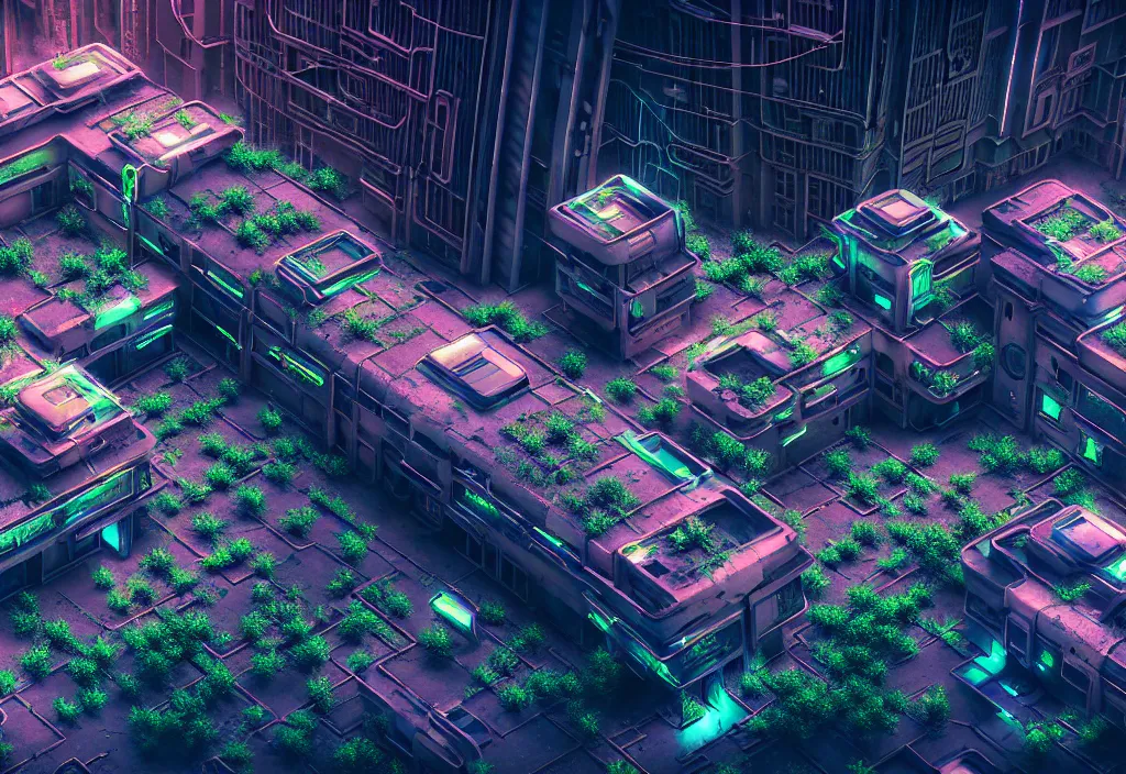 Image similar to A highly detailed crisp unreal engine render of aerial drone photo of A beautiful futuristic cyberpunk abandoned city building with neon fine lights, plants allover , godray, sunlight breaking through clouds, clouds, debris on the ground, abandoned machines bright colors, isometric, nitid horizon, factory by wangchen-cg, 王琛,Neil blevins, artstation, Gediminas Pranckevicius