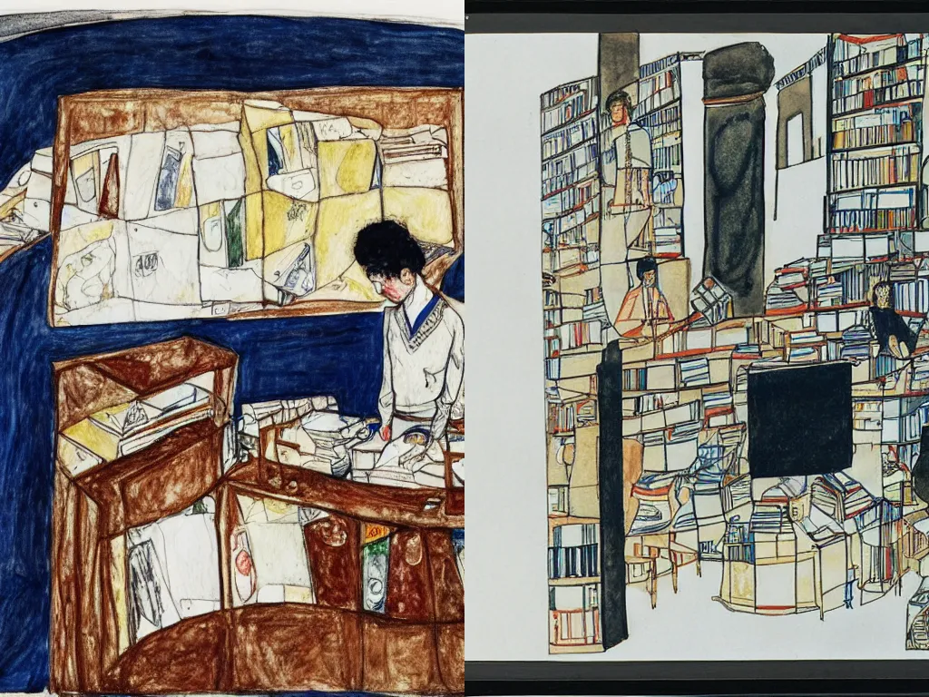 Prompt: pen and watercolor drawing of abstract representation of bookstore in white space by Charlotte Salomon, by Egon Schiele, by Seiichi Hayashi, cinematic lighting, a masterpiece