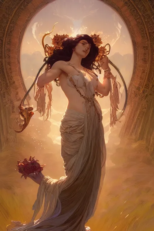 Image similar to goddess of all things good and awesome, only two hands, highly detailed, digital painting, artstation, concept art, smooth, sharp focus, illustration, unreal engine 5, 8 k, art by artgerm and greg rutkowski and edgar maxence and alphonse mucha