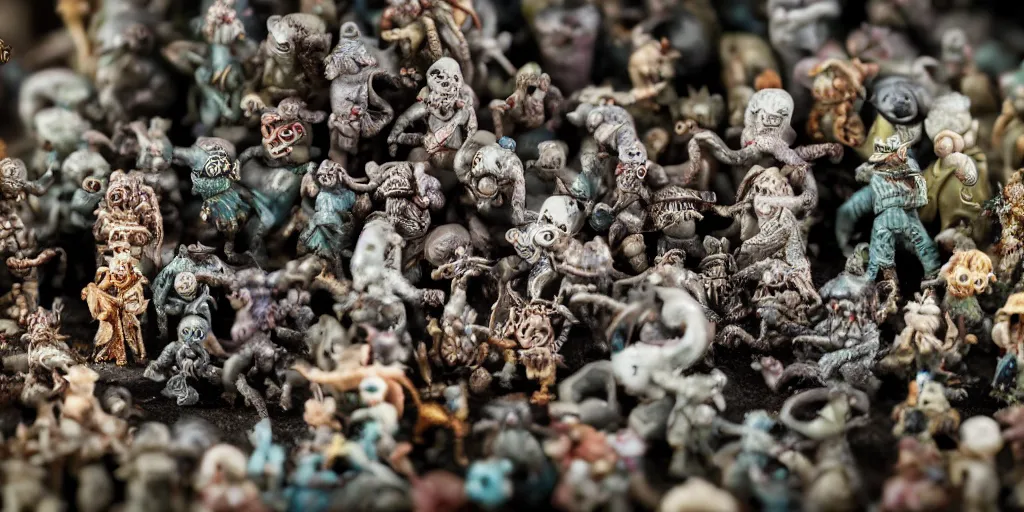 Image similar to miniature figurines of lovecraftian monsters, close up, detail, tilt shift, product photography