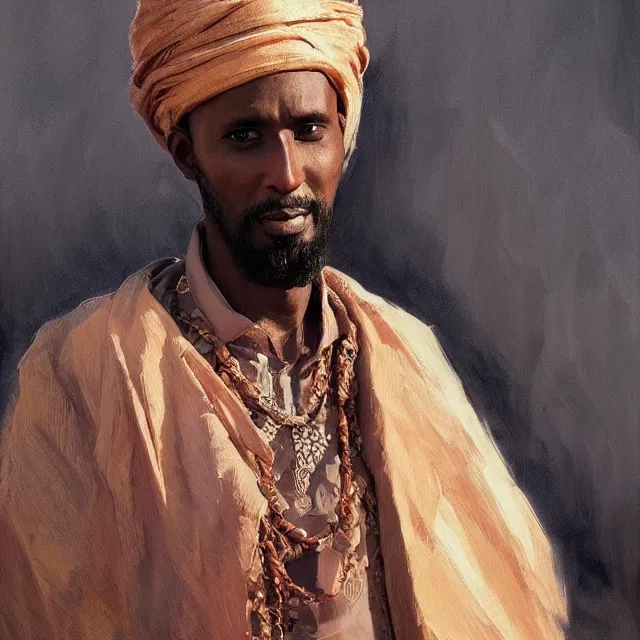 Image similar to somali man, somali attire, portrait, elegant, intricate, digital painting, artstation, concept art, smooth, sharp focus, illustration, art by konstantin korovin and daniel f. gerhartz and john howe