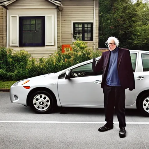 Prompt: larry david standing on roof of 2009 prius, in the style of andy worhol