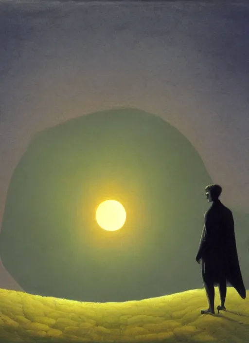 Prompt: a human silhouette observing an eclipse in the distance, painted by caspar david friedrich with chromatic chromatic aberration and datamoshing artifacts