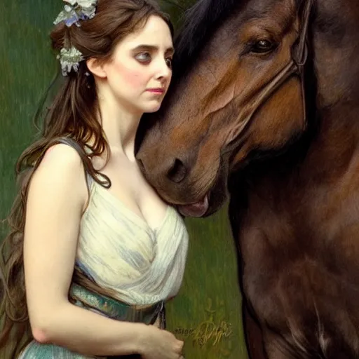 Prompt: young alison brie kissing a man - horse, painted by artgerm and greg rutkowski and alphonse mucha. clear highly detailed face, beautiful fantasy art,