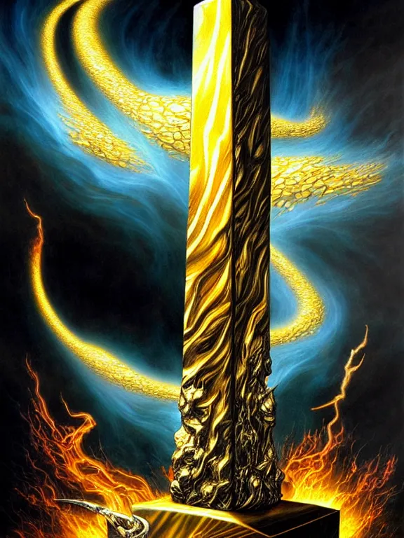 Prompt: savage electric flames of gold and silver engulfing an obsidian obelisk by ed emshwiller and karol bak, rococo, smoky, highly detailed, hyperrealistic, energy, low light, high contrast, bright sky