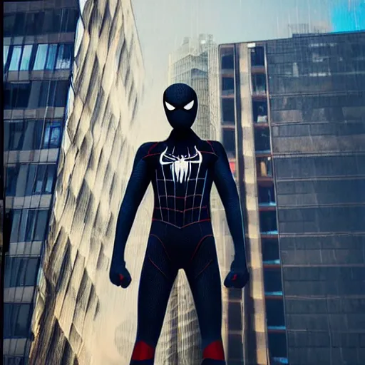 Image similar to black tech suit spider - man blue eyes hanging in tall tower at night rain ultra realistic high quality 8 k photo realistic highly detailed