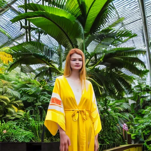 Image similar to photo portrait of the face of a young russian woman wearing a yellow kimono in a tropical greenhouse