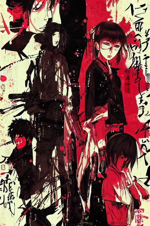 Image similar to professionally drawn seinen mature cyberpunk detective horror action manga comic cover about hinduism buddhism, full color, beautifully drawn coherent professional, drawn by ilya kuvshinov, ilya kuvshinov, satoshi kon and tsutomu nihei. japanese script kanji hiragana on the cover. simplistic minimalist stylized cover art. cel shaded