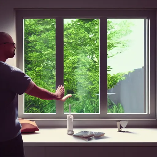 Image similar to 3 d rendered image of a man opening window, fresh air blender 3 d keyshot unreal engine