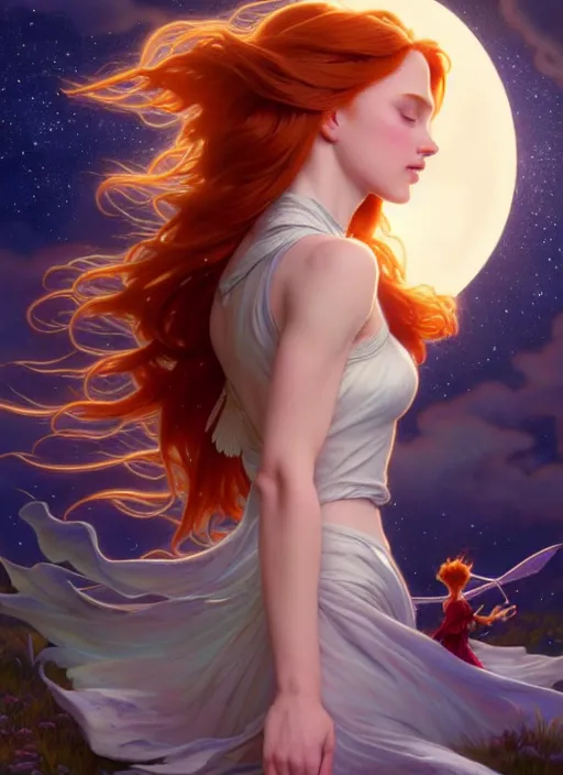 Image similar to beautiful redhead girl surrounded by starlight, eyes closed, moon behind her, holding a fairy in her hand, shiny, fantasy, int ricate, elegant, hyper detailed, ultra definition, photoreal, artstation, unreal engine rendered, concept art, smooth, sharp focus, illustration, art by artgerm and greg rutkowski and alphonse mucha and garis edelweiss