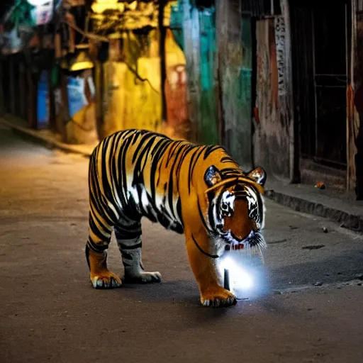 Prompt: photograph of a tiger smoking a joint in the streets of Dhaka at night