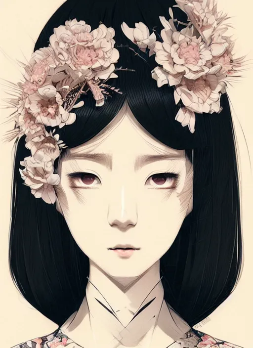 Image similar to a portrait of a young woman in japanese street fashion clothing, confident pose, intricate, elegant, sharp focus, illustration, highly detailed, concept art, matte, trending on artstation, anime, art by james jean and artgerm and brian despain and alberto mielgo, greg rutkowski, wlop, ilya kuvshinov, strong strokes